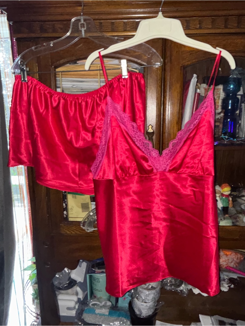 Women's Red Satin Lace-Trim Cami & Shorts Sleep Set